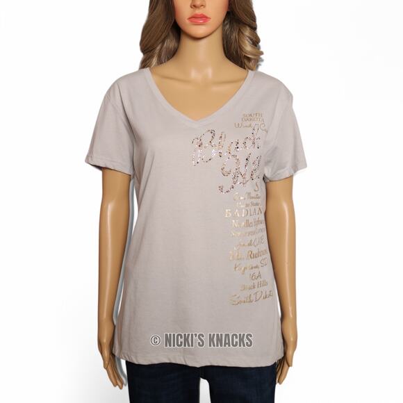 Next Level Black Hills South Dakota Rhinestone Gray V-Neck T-Shirt Size XXL - Picture 2 of 8